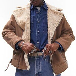 NWT ASOS Topman Faux Shearling Biker Jacket in Tan Size Men's Small